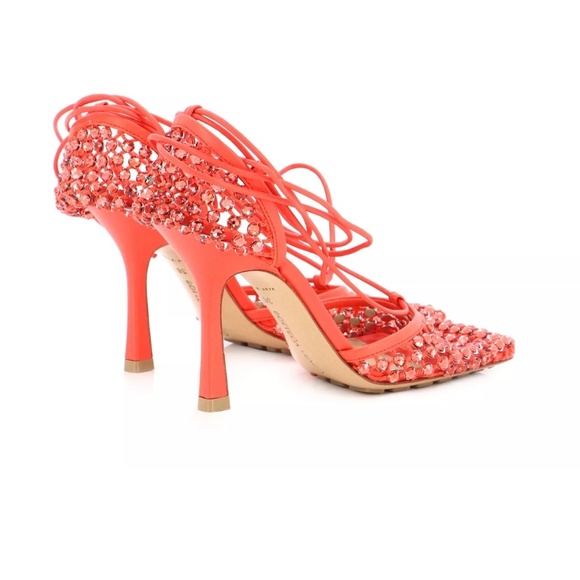 $2000 BOTTEGA VENETA STRETCH WEB CRYSTAL LACE UP SANDALS HEELS SHOES 38.5 - Picture 5 of 11